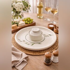 Vintage Pottery Serving Platter with Attached Lidded Bowl